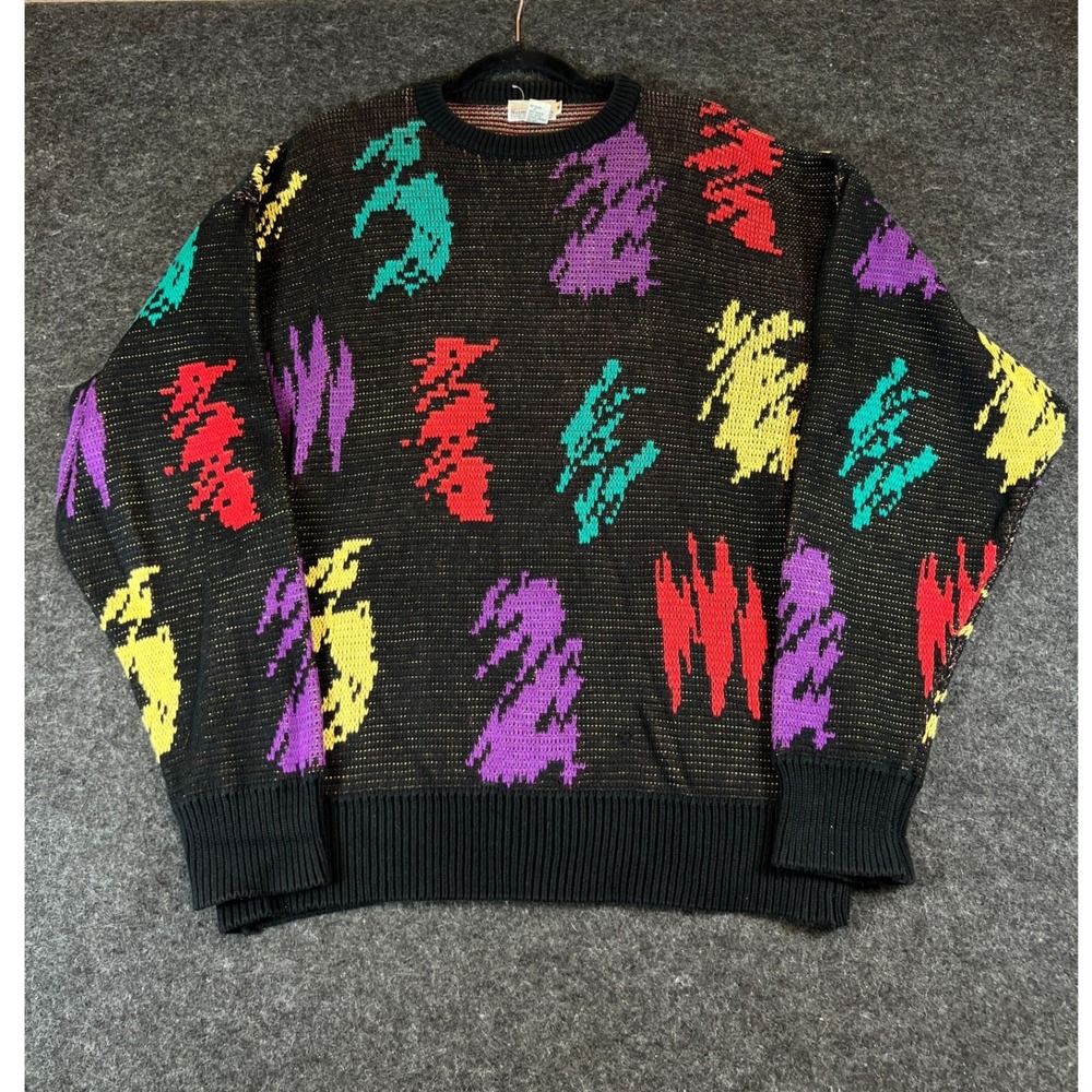 Vintage 80s Neiman Marcus Mens Cotton Abstract Knit Sweater Black Multi Medium